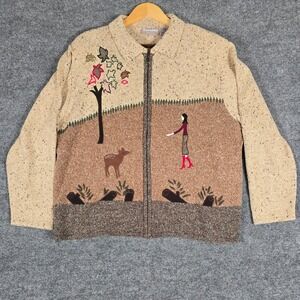 TANJAY PETITES Women's Long Sleeve Zip Up Sweater Nature Scene Applique Sz Large
